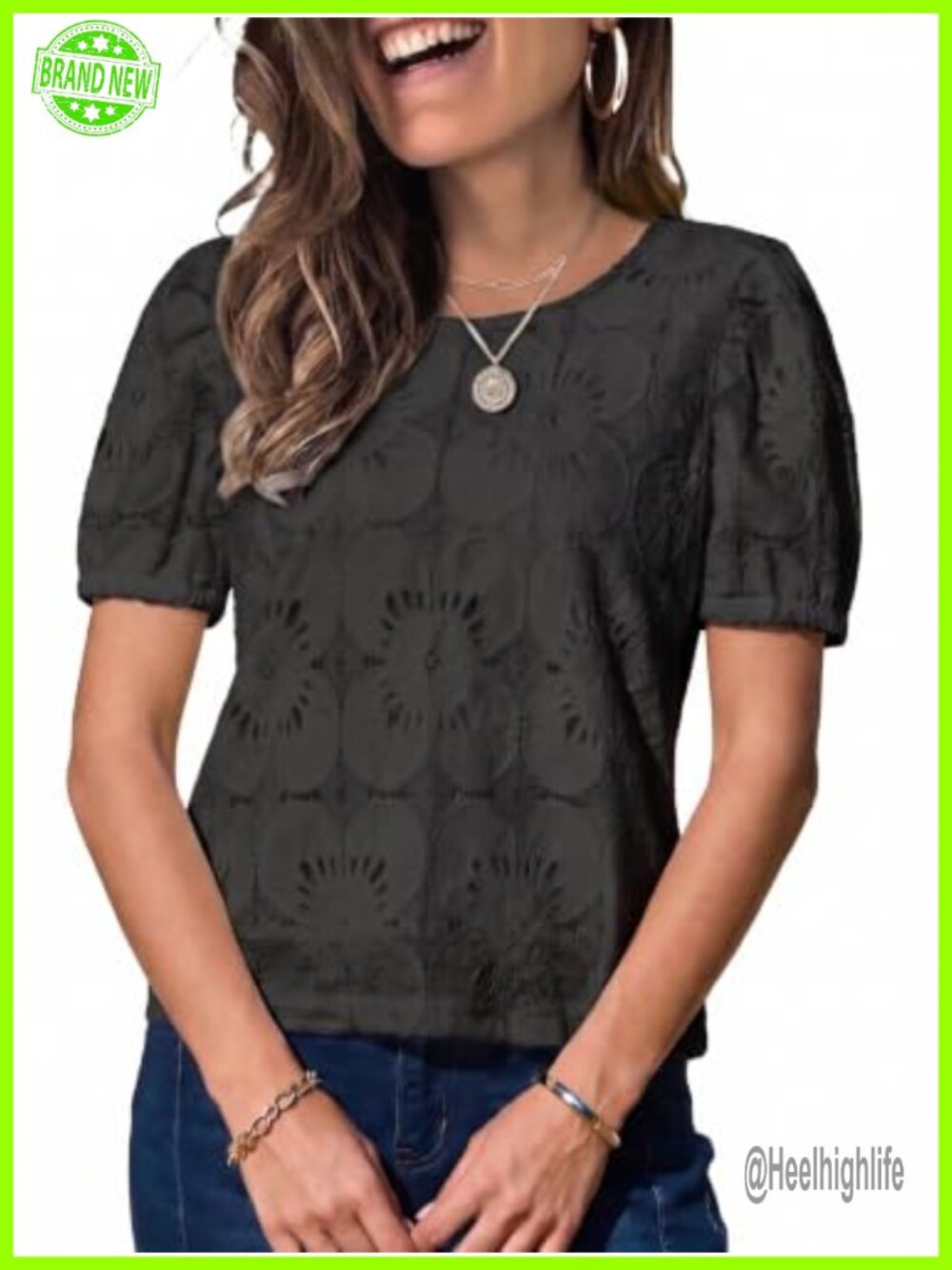 Eyelet Lace Crochet Short Sleeve Blouse Crew Neck Loose Fit Casual Top